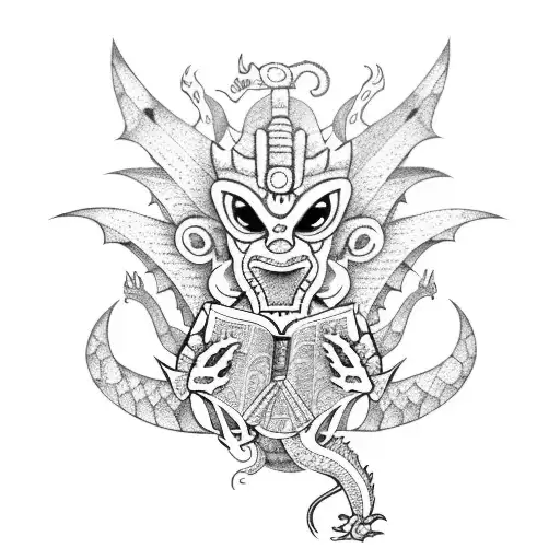 An Aztec God Reading A Book With Dragon Motifs On Its Pages