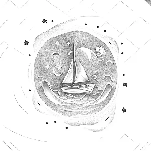 A Boat Sailing Under A Starry Night Sky With The Moon Shining Above