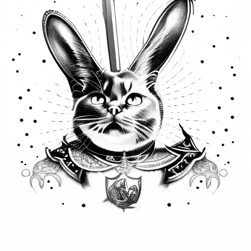 Black Cat And Silver Bunny As Knights With Swords Covering Eachother