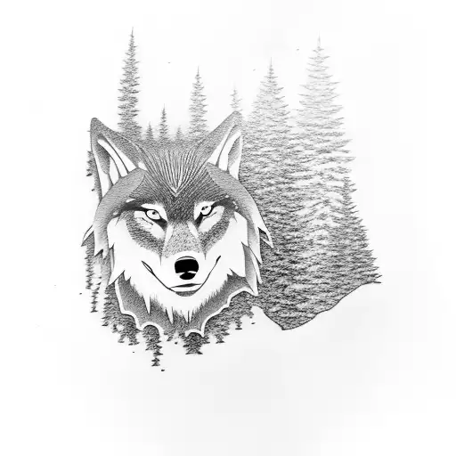 A Wolf With Three Pine Trees In The Background