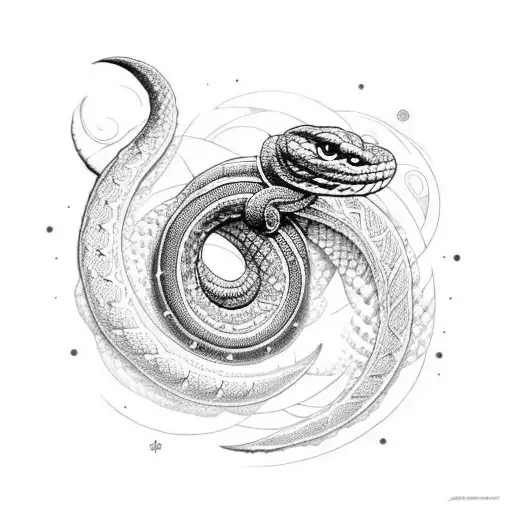 An Intricate Dotwork Design Of A Snake Coiled Around A Crescent Moon