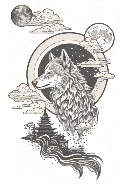 A Mystical Wolf Howling At The Moon In A Japanese-inspired Landscape