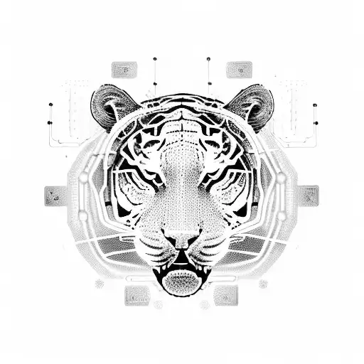 A Cybernetic Tiger With Neon Lights And Circuitry Patterns