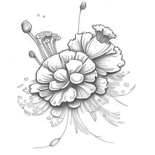 Small Line Drawing Of Bunch Marigold Flower And Cosmo Flower And Violets And Primrose