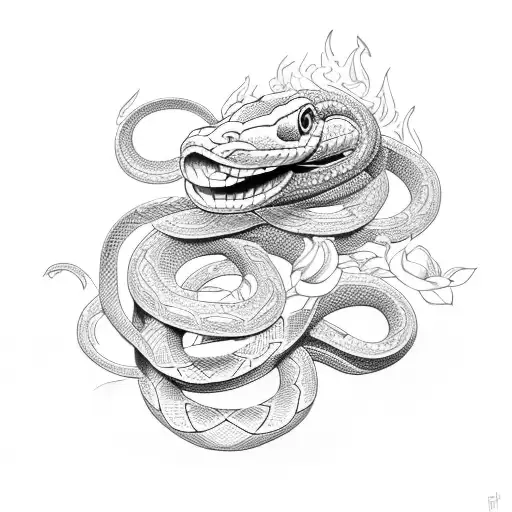 Snake Wrapped In Fire With A Rose In Its Mouth