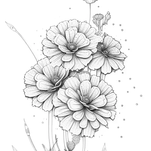 Line Drawing Of Marigold Flower And Cosmo Flower And Violets And Primrose
