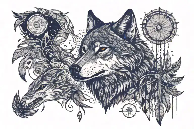 A Wolf Howling At The Moon Surrounded By Native American Dream Catchers And Birds