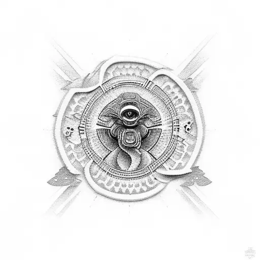 A Dotwork Tattoo Of A Crane Operator's Silhouette Against A Background Of Maori Art Symbols