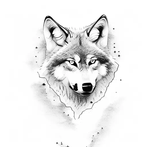 Wolf Head In Nothern Light Sky With Small Wolf Shilouettes Howling