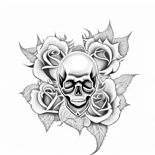 Skull With A Sunflower And Roses