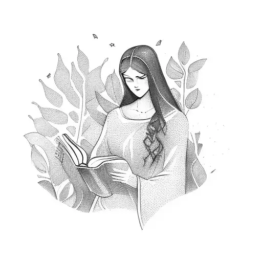 A Woman Reading A Book Under A Tree With Religious Symbols As Leaves