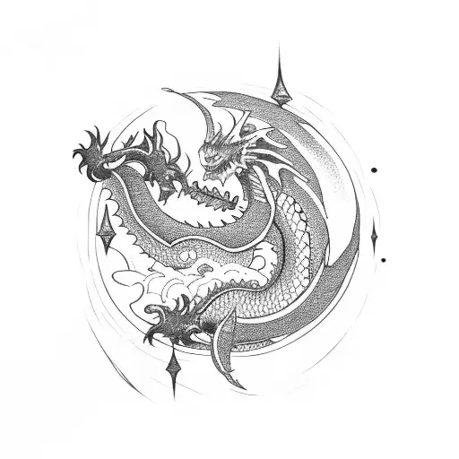 Fine Line Dragon With The Moon