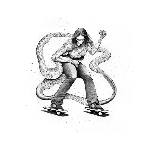 A Woman Skateboarding With A Snake Wrapped Around Her Leg
