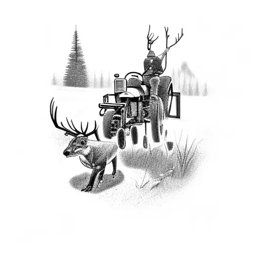 Design A Tattoo Featuring A Hunting Scene With A Tractor In The Background