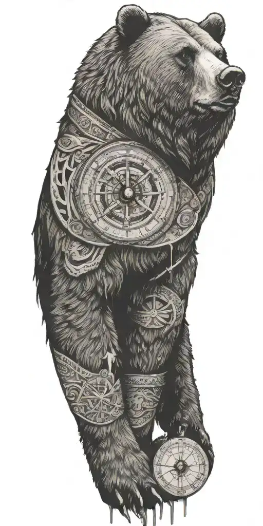 Grizzly Bear Encased In Armor Incorporating A Compass