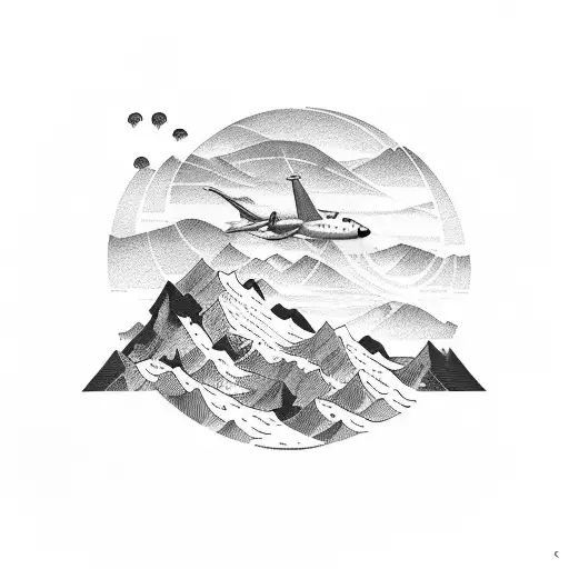An Airplane Flying Over A Mountain Range With A Wine Glass In The Sky