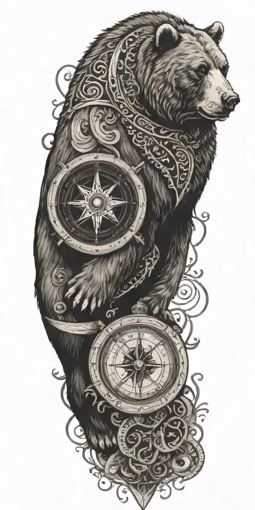 A Compass Intertwined With Elegant Calligraphy Writing Encased In Armor Incorporating A Grizzly Bear