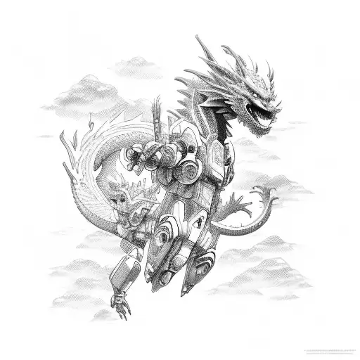 Futuristic Anime Cityscape With A Dragon Flying Above And Mecha Robots