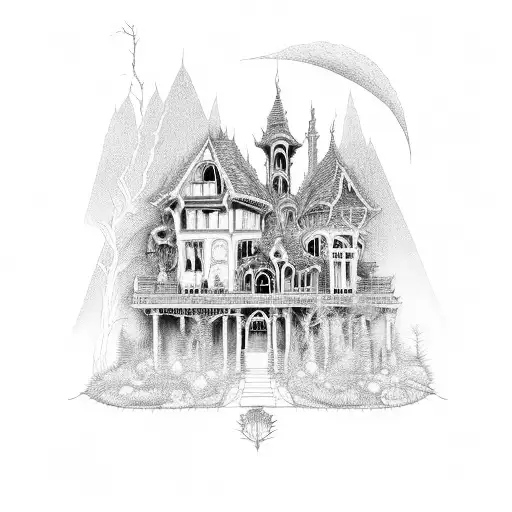 An Intricate Design Of A Haunted House With Creepy Trees And Ghostly Figures
