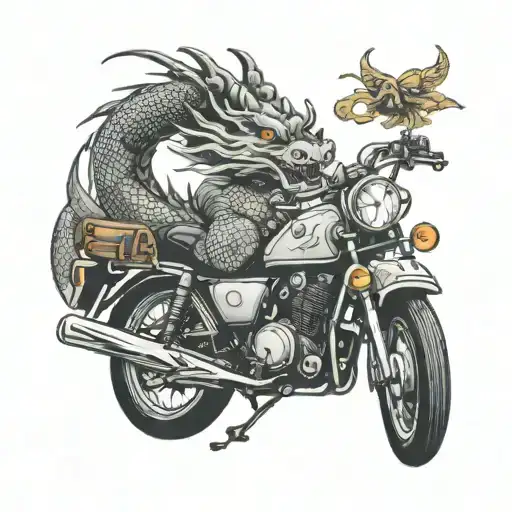 A Tattoo Of A Traditional Japanese Dragon Wrapping Around A Honda Car And Motorbike