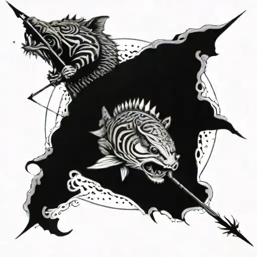 A Powerful Tiger Fish Hybrid Hunting A Boar With A Bow And Arrow In A Historical Setting