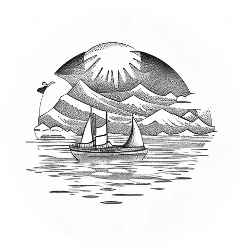 Circle With Mountains And A River Into A Lake And A Sailboat On The Lake