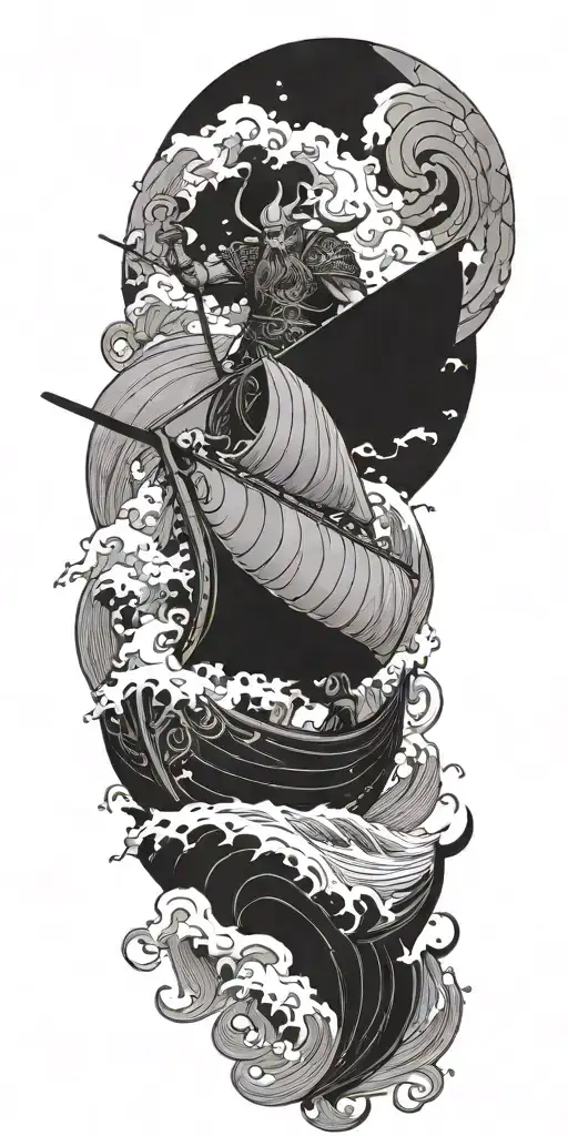 A Sinister Depiction Of A Devil Riding A Viking Ship Through Stormy Seas