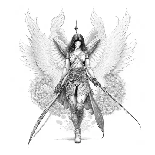 Female Angel Warrior With Roses Below It