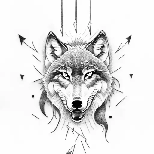 Create A Dotwork Tattoo Featuring A Wolf With Lightning Bolts As Its Eyes