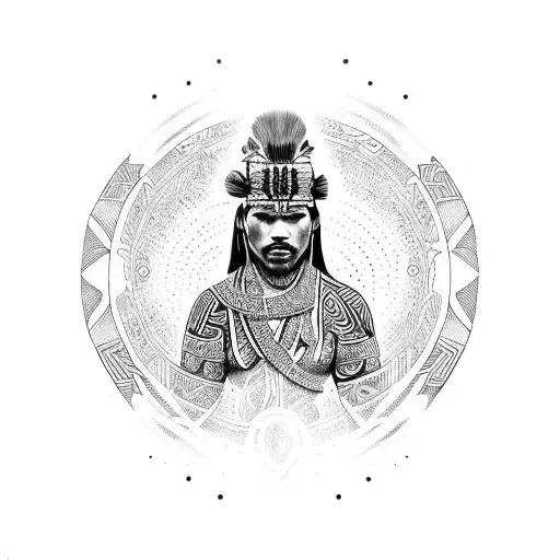 Dotwork Maori Spiritual Warrior Surrounded By Tribal Patterns