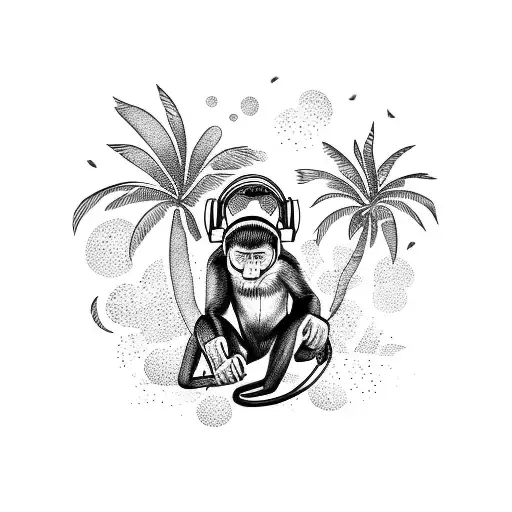 A Monkey Dj Spinning Records With Palm Trees In The Background