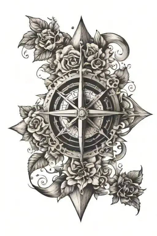 A Compass Rose Made Of Flowers And Motorcycle Parts