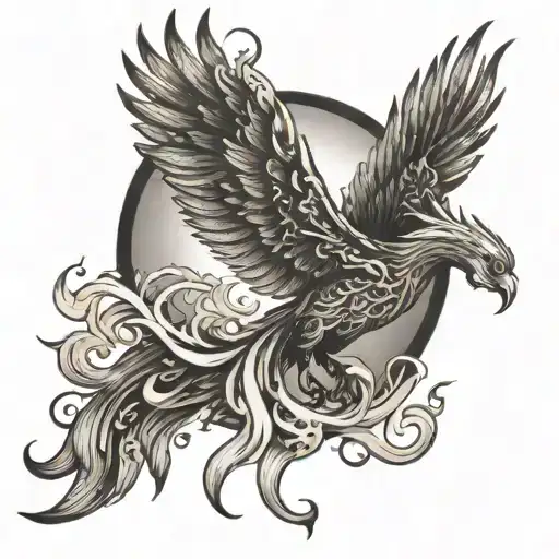 Phoenix Rising From Flames With Sun Setting