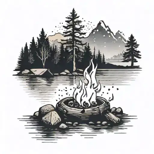 A Serene Landscape Tattoo Of A Campfire By The Water Symbolizing Your Love For The Outdoors And Fire