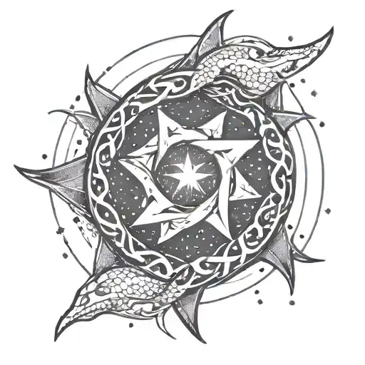 Design A Unique Ouroboros Intertwined With A Star In A Dotwork Style