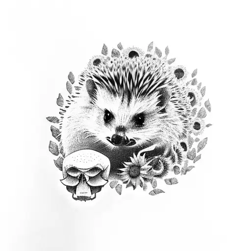A Dotwork Tattoo Of A Hedgehog Curled Up Next To A Skull With Sunflowers In The Background