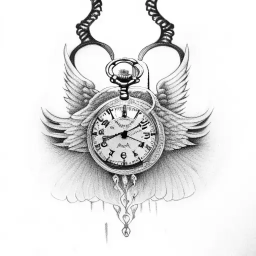 Pocket Watch With Angel Wings And Rose