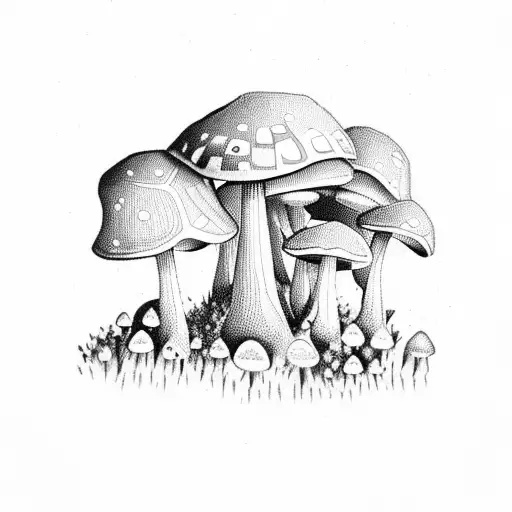 A Geometric Mushroom Forest With Intricate Dotwork Details