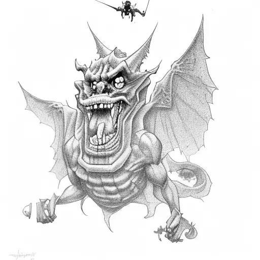 A Guy In A Gray Suit Being Lifted In The Sky By A Bunch Of Flying Gargoyles Following The Leader