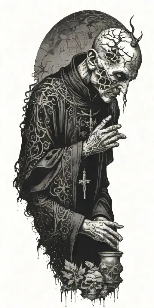 A Haunting Image Of A Priest Communing With Demonic Entities In A Ritualistic Setting