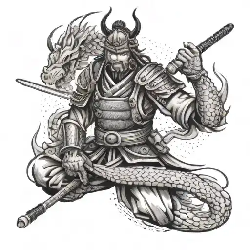 A Samurai Warrior In Full Armor With A Dragon Coiled Around Him