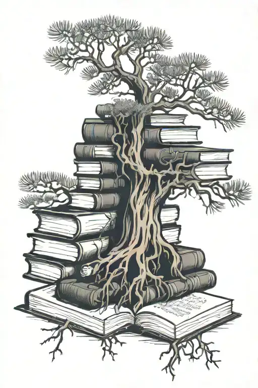 Pine Tree Growing On Top Of A Tall Teetering Stack Of Books With Roots Growing Down And Open Book