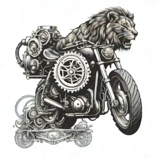 A Motorcycle With Intricate Gears And Engines Intertwined With A Roaring Lion