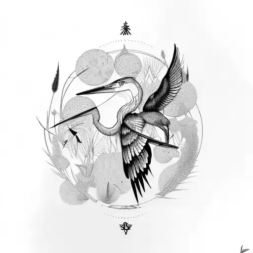 Incorporate An Abstract Heron Surrounded By Grasses Nature-themed