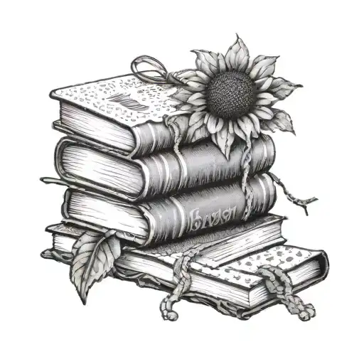 A Stack Of Books With Crocheted Bookmarks And A Sunflower Growing From The Top Book