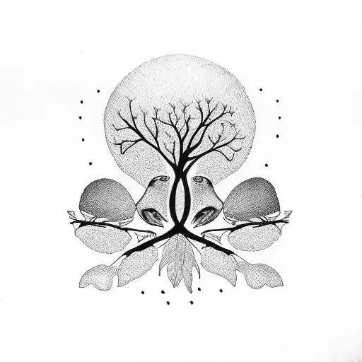 Tree Branch With Three Birds And A Red Heart