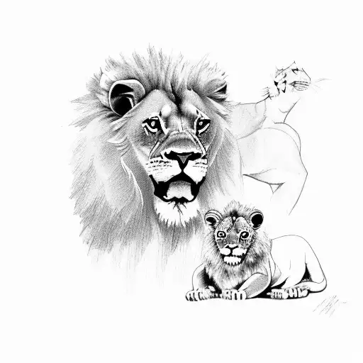 Father Lion With 2 Lion Cubs