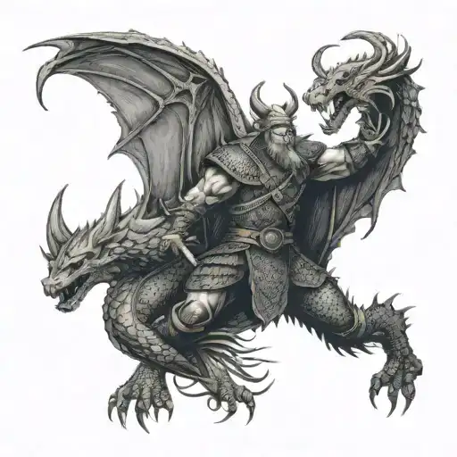 A Fierce Viking Warrior Battling A Dragon In A Forest