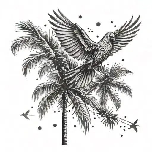 Flying Cardinal Over Palm Trees