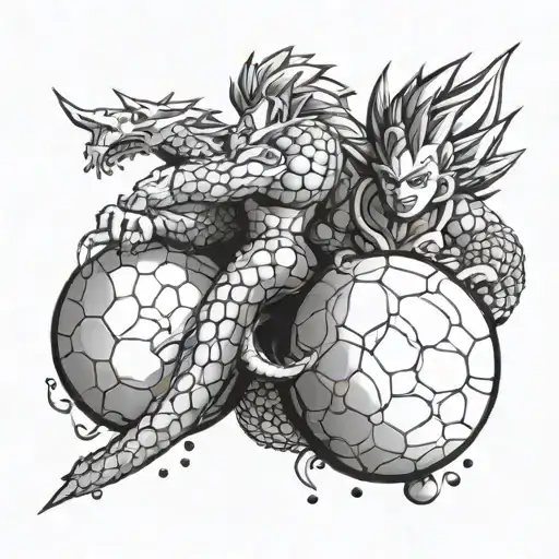 A Minimalist Dotwork Design Of The Dragon Balls Scattered Around Goku And Vegeta